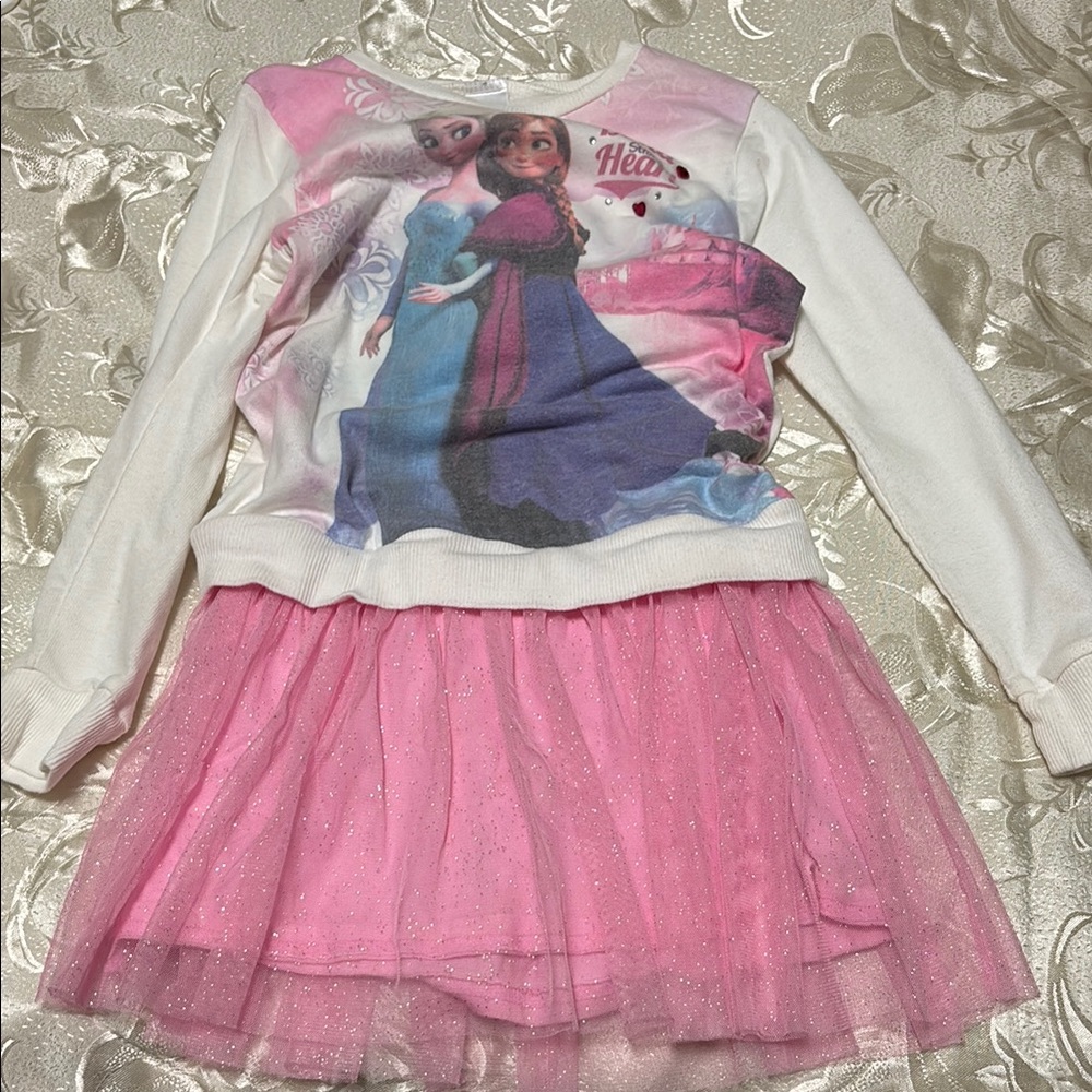 Disney Pink and White Long Sleeve Dress Frozen Elsa and Anna Dress